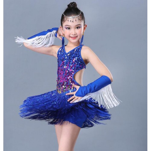 Girls latin dance dresses blue fringes tassels modern dance rumba chacha dance dress skirts